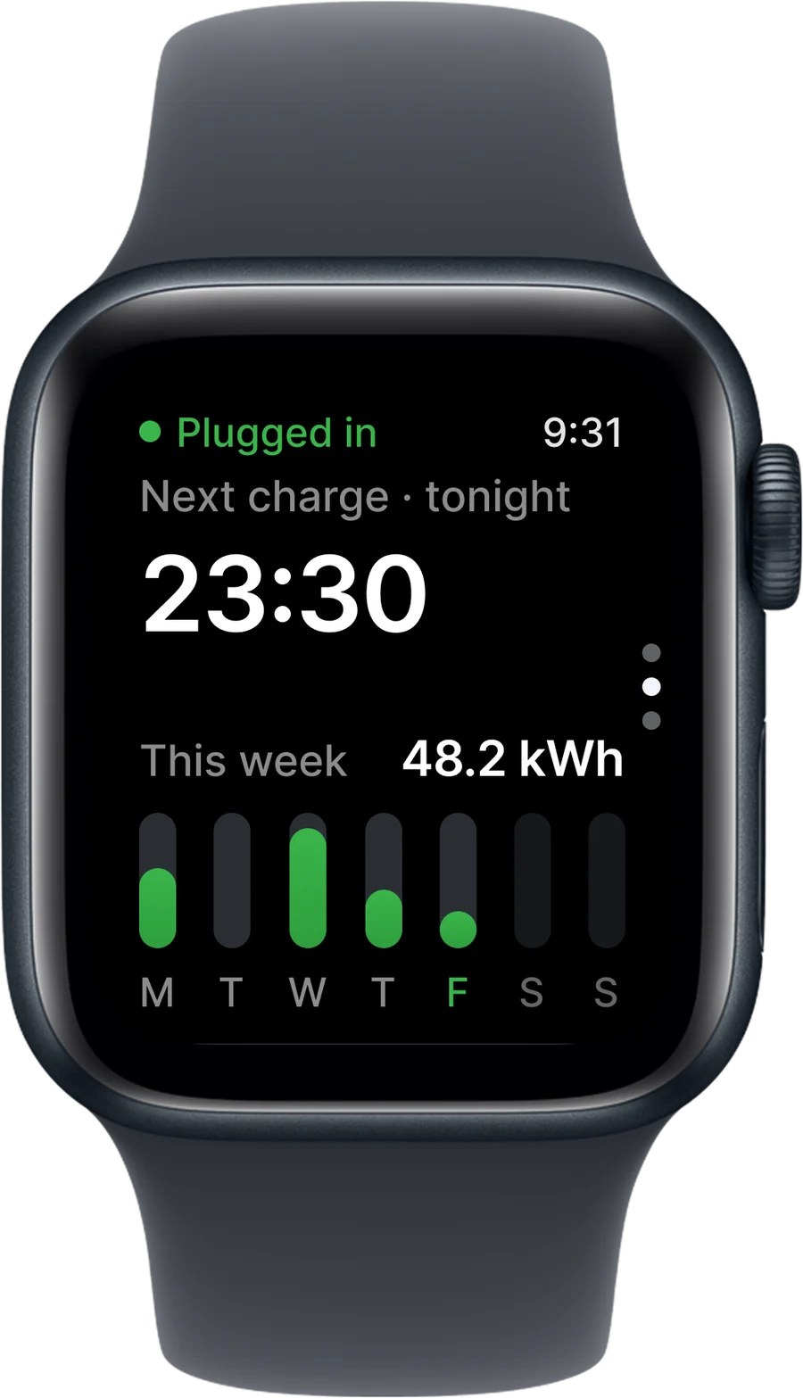 MyBrim on Apple Watch: plugged in, next charge tonight at 23:30 and this week’s charging